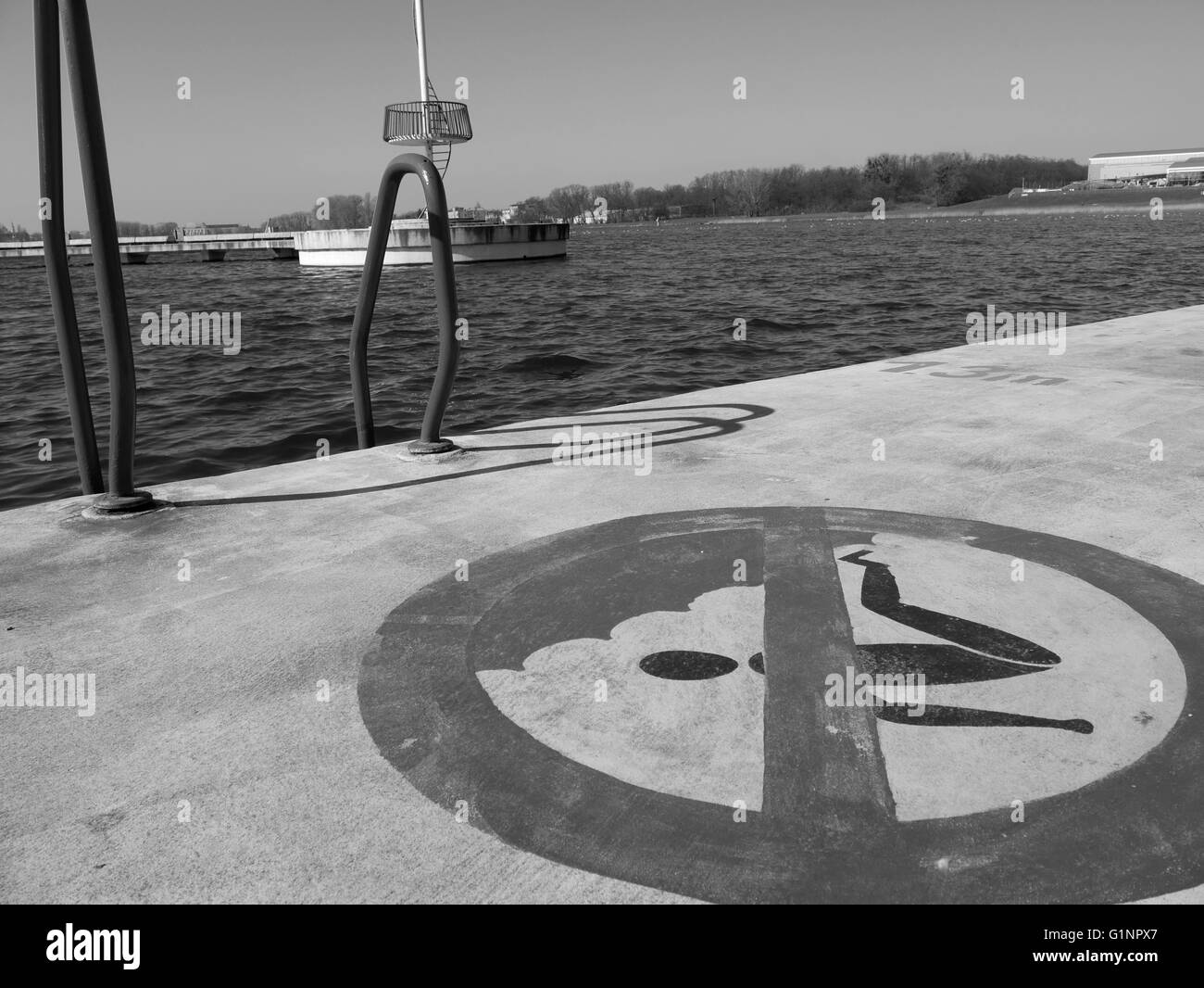 No swimming sign at a lake Stock Photo