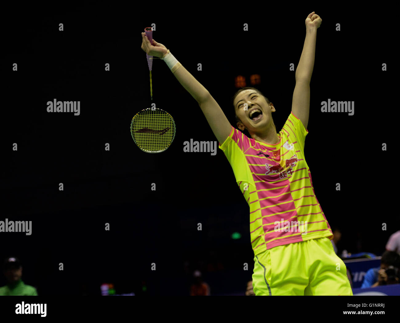 Kunshan, China's Jiangsu Province. 17th May, 2016. Wang Shixian of China celebrates victory after the women's singles match against Carolina Marin of Spain in the Group A match at the Uber Cup badminton championship in Kunshan, east China's Jiangsu Province, May 17, 2016. Wang Shixian won 2-1. © Ji Chunpeng/Xinhua/Alamy Live News Stock Photo