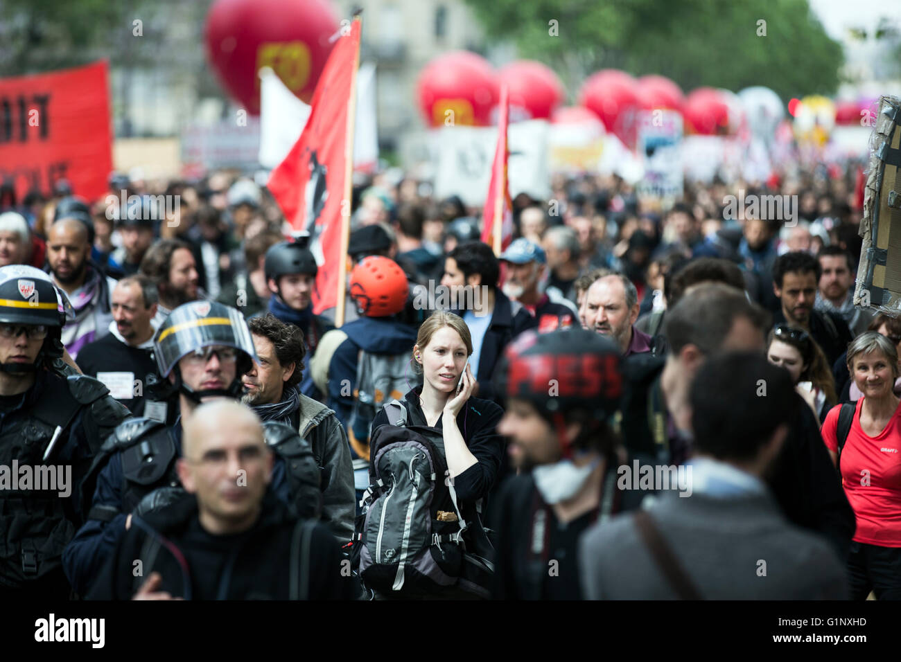 Paris. 17th May, 2016. People take to streets to protest against the new labor law in Paris, France on May 17, 2016. In the latest protest against the French government's plans to reform the country's labor laws, thousands of workers and students walked out in French cities on Tuesday to call for the withdrawal of the bill. Credit:  Theo Duval/Xinhua/Alamy Live News Stock Photo