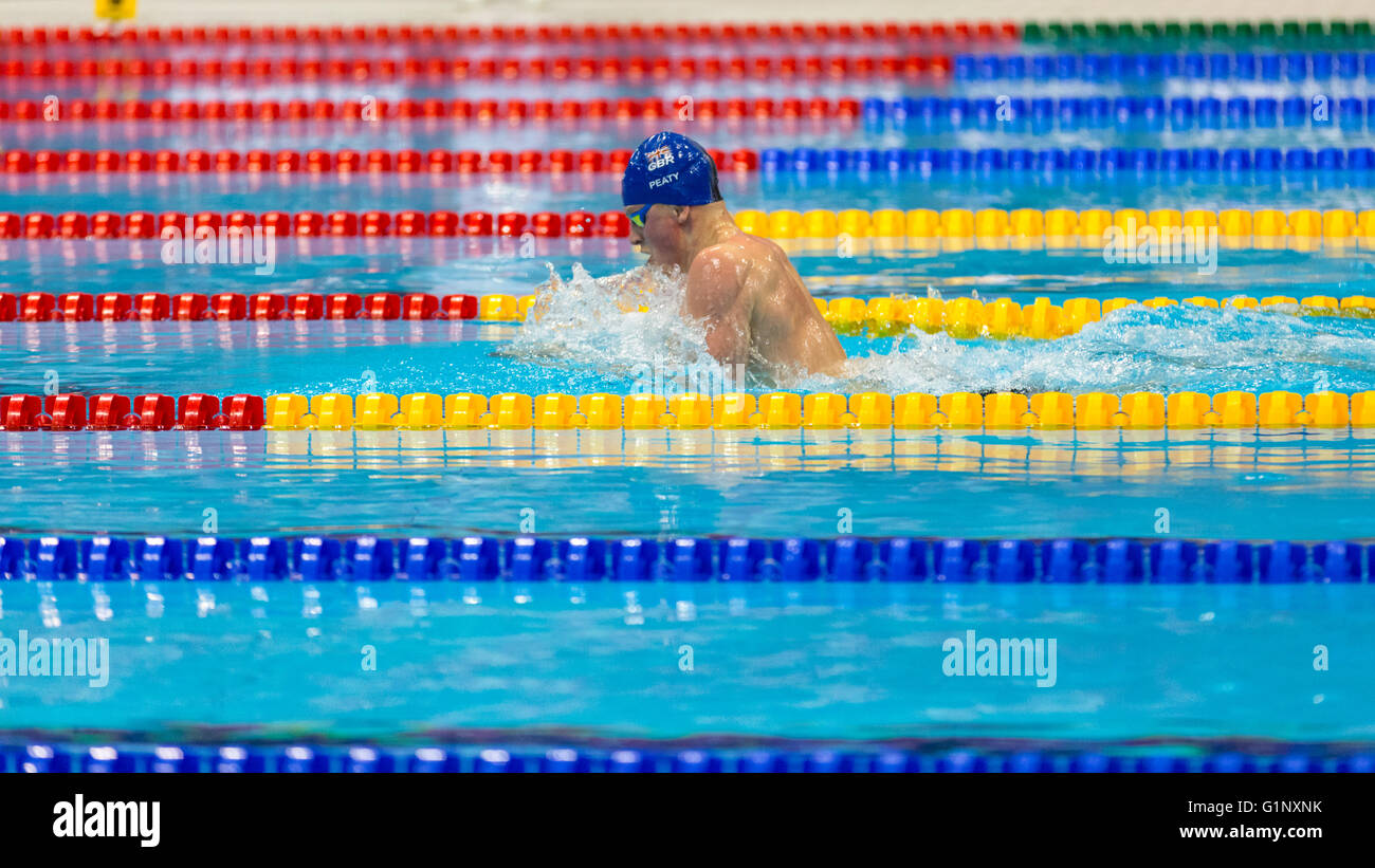 London,  UK. 17th May, 2016. Aquatics Centre, London, UK, 17th May 2016. British swimmer and Kazan World Champion Adam Peaty in the 100m breaststroke final. Adam Peaty wins gold in 58.36s, with the second British swimmer Ross Murdoch taking silver (59.73s) and Lithuanian Giedrius Titenis winning bronze. Credit:  Imageplotter News and Sports/Alamy Live News Stock Photo