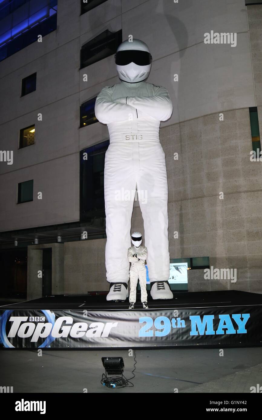London, UK. 17th May, 2016. A huge model of the Stig is erected outside the BBC in London to launch the new series of Top Gear. Credit:  David Johnson/Alamy Live News Stock Photo