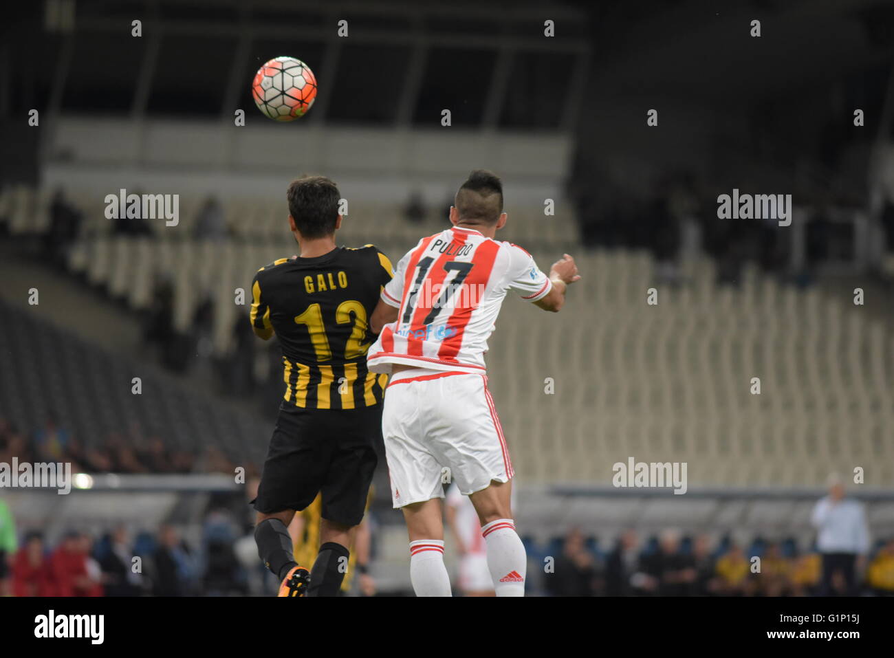 Rodrigo Galo of AEK (left) tries to win the ball from Alan Pulido of  Olympiacos (right) during Greek Football Cup Final. AEK beats Olympiacos,  2-1. (Photo by Dimitrios Karvountzis/Pacific Press Stock Photo -
