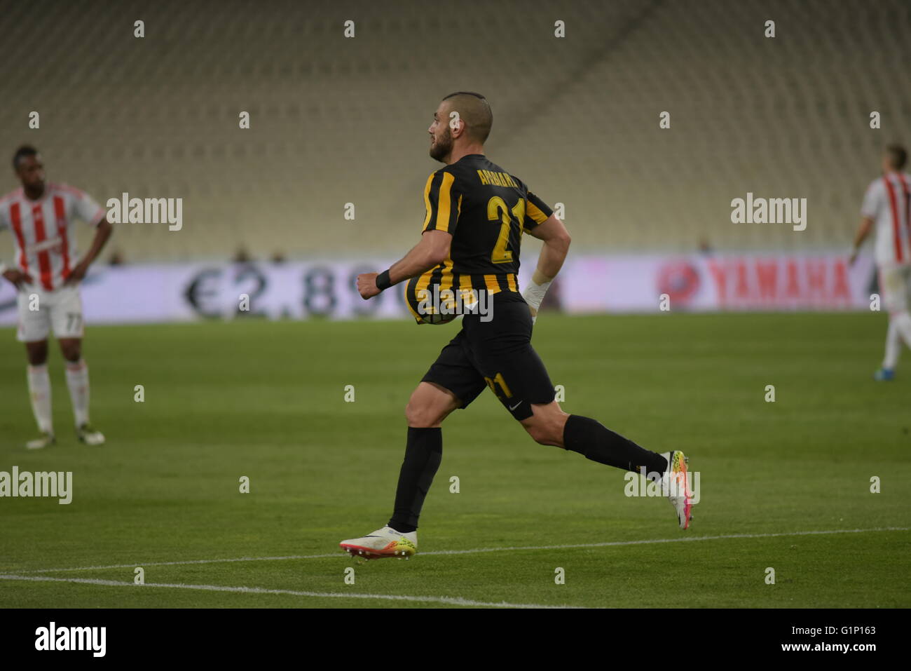 Celebrations of Christos Aravidis of AEK after the first goal of his team  against Olympiacos during Greek Football Cup Final. AEK beats Olympiacos,  2-1. (Photo by Dimitrios Karvountzis/Pacific Press Stock Photo -