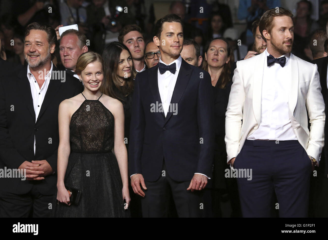 Russell Crowe, Angourie Rice, Matt Bomer and Ryan Gosling attending the  'The Nice Guys' premiere during the 69th Cannes Film Festival at the Palais  des Festivals in Cannes on May 15, 2016