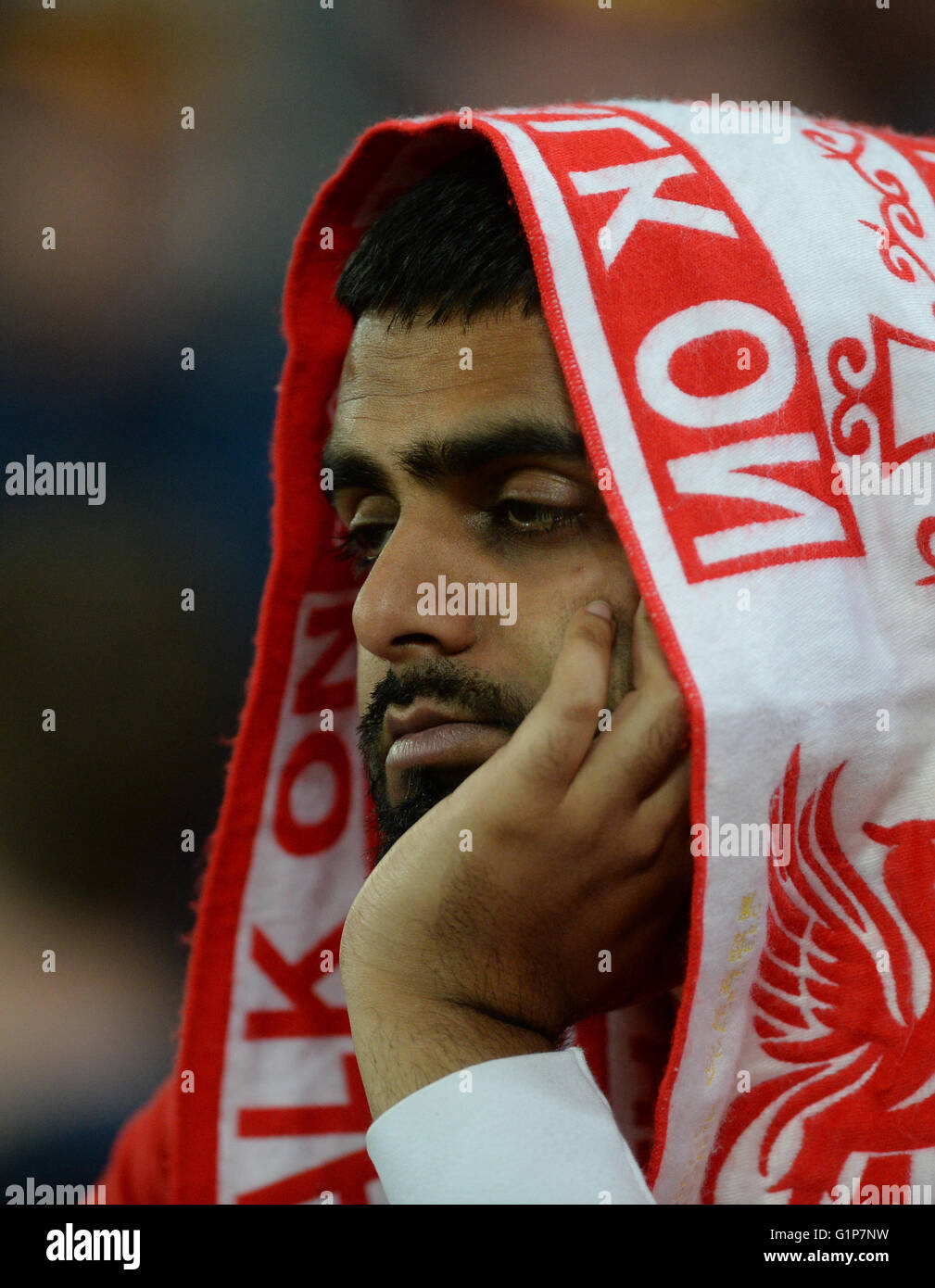 Basel, Switzerland. 18th May, 2016. Liverpool's supporter reacts during the UEFA Europa League final between Liverpool FC and Sevilla Futbol Club at the St. Jakob-Park stadium in Basel, Switzerland, on 18 May 2016. Credit:  dpa picture alliance/Alamy Live News Stock Photo