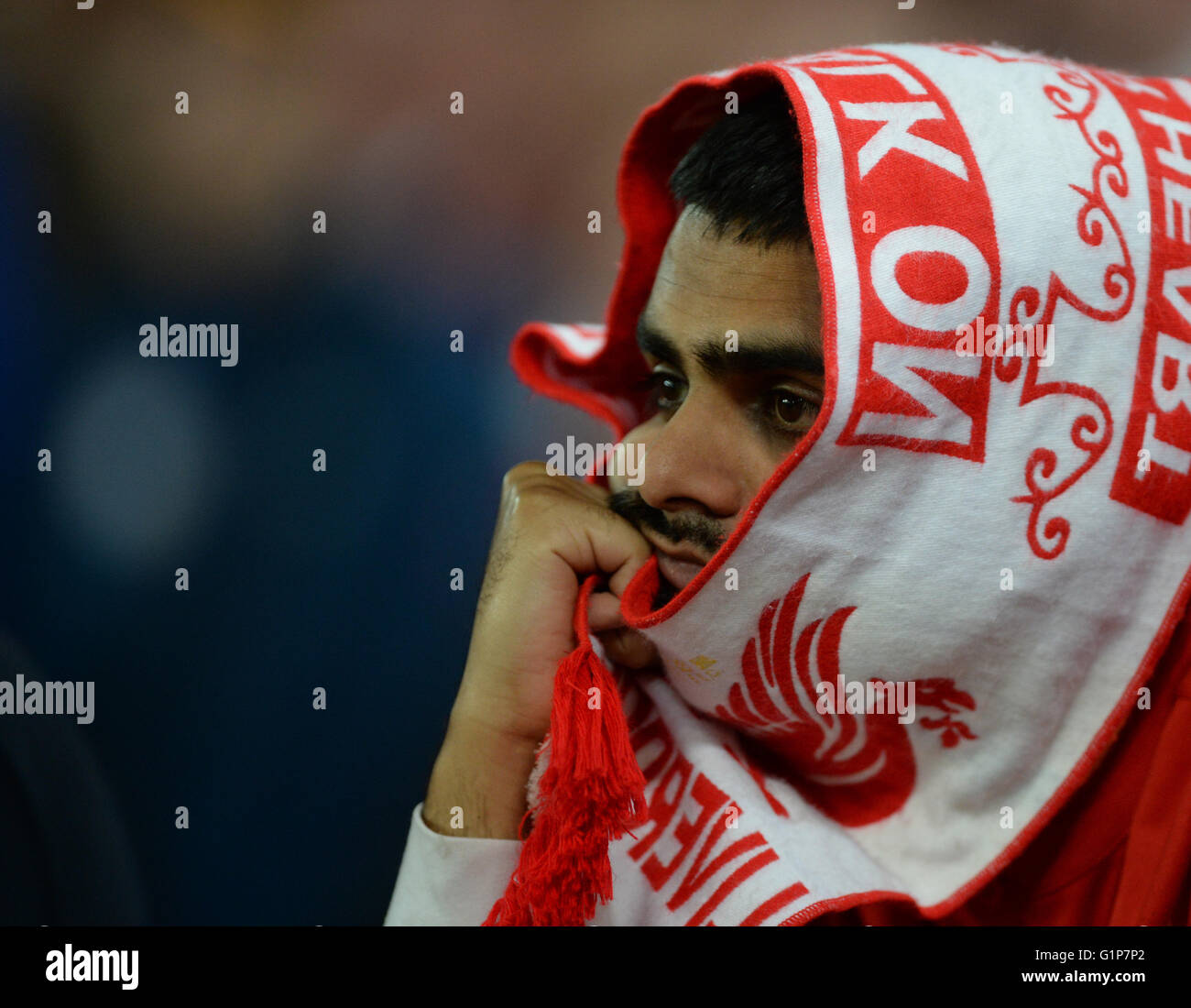 Basel, Switzerland. 18th May, 2016. Liverpool's supporter reacts during the UEFA Europa League final between Liverpool FC and Sevilla Futbol Club at the St. Jakob-Park stadium in Basel, Switzerland, on 18 May 2016. Credit:  dpa picture alliance/Alamy Live News Stock Photo