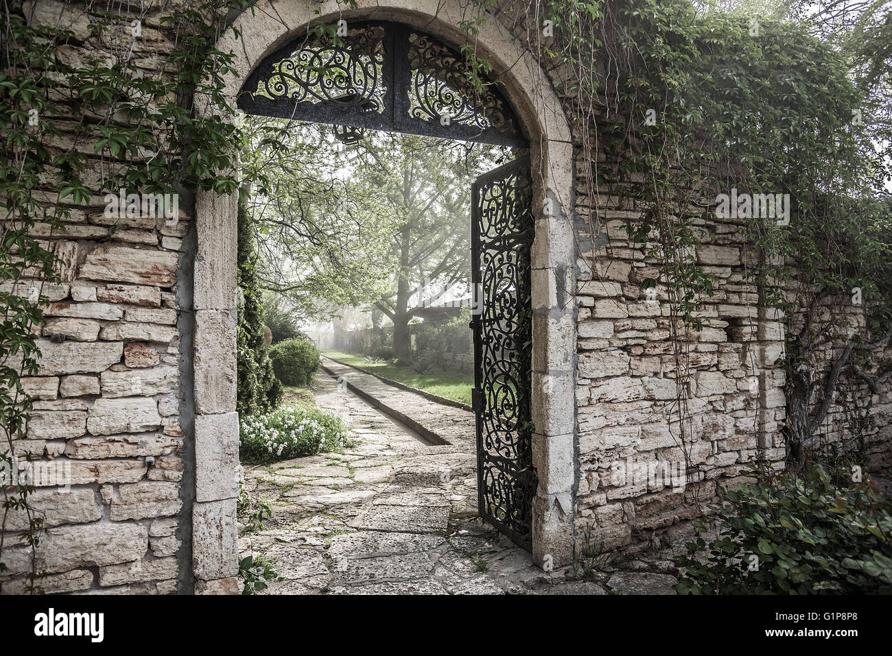 Ancient Gate Ruins on the Park. Bulgaria. Stock Photo