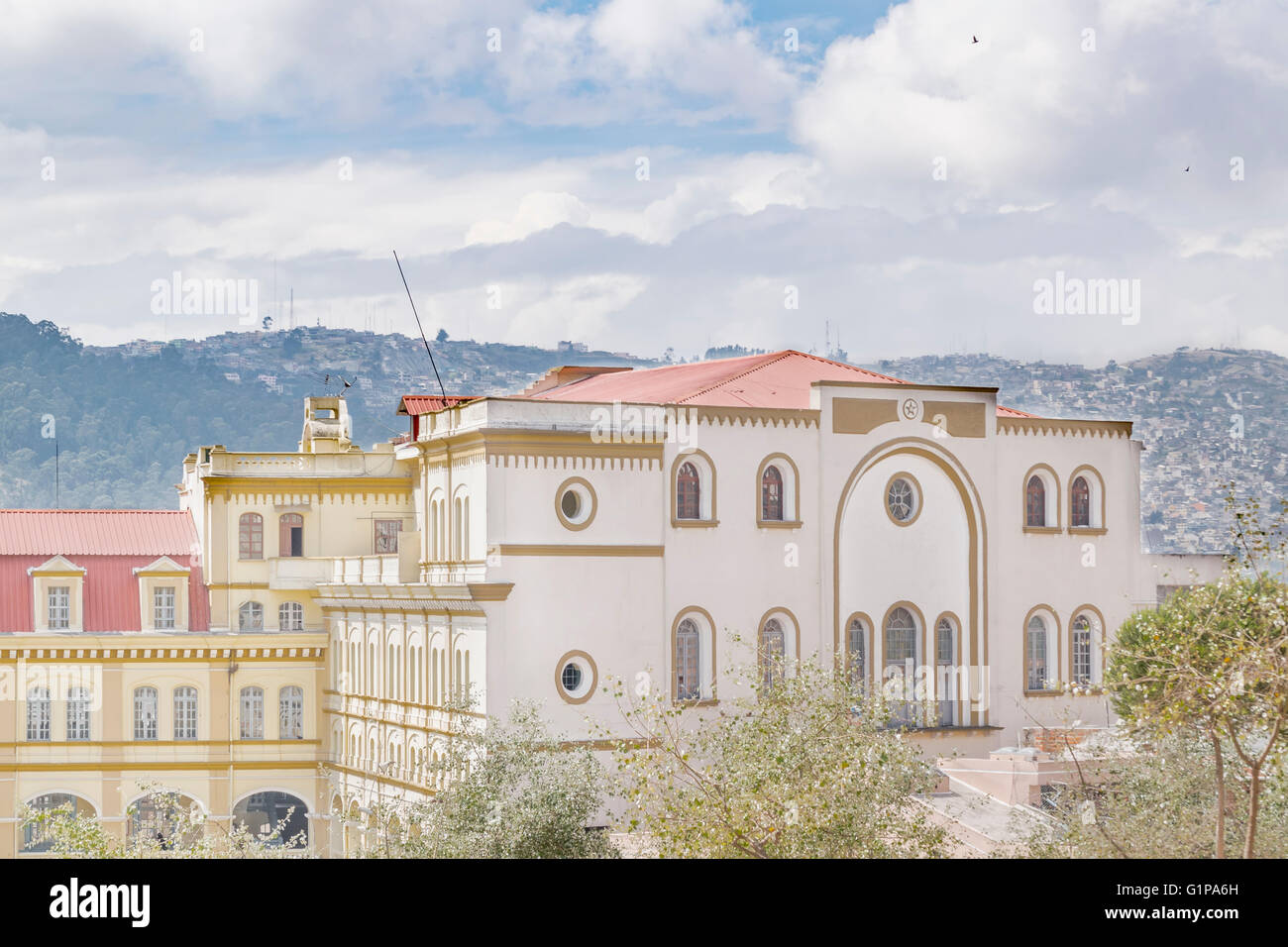 Eclectic style elegant buildings lcoated on the historic center of Quito in Ecuador Stock Photo