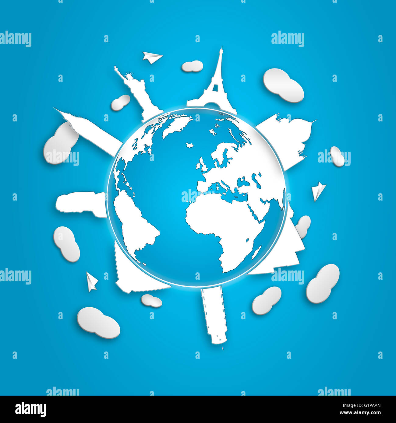 Concept of travel around the world with representation of the globe and monuments around. Square composition. Stock Photo