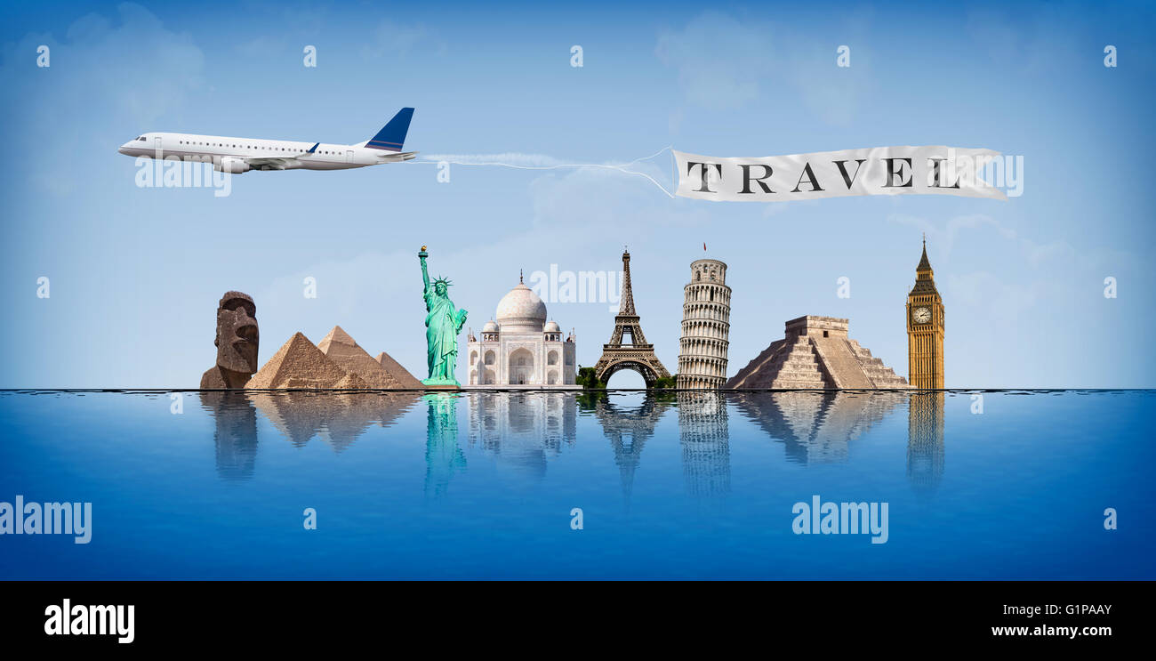 Concept of travel around the world with representation of important monuments reflected in water Stock Photo