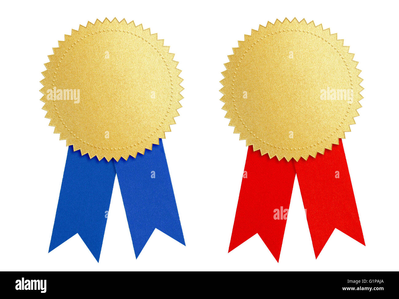 winner gold seal medal award with blue and red ribbon Stock Photo