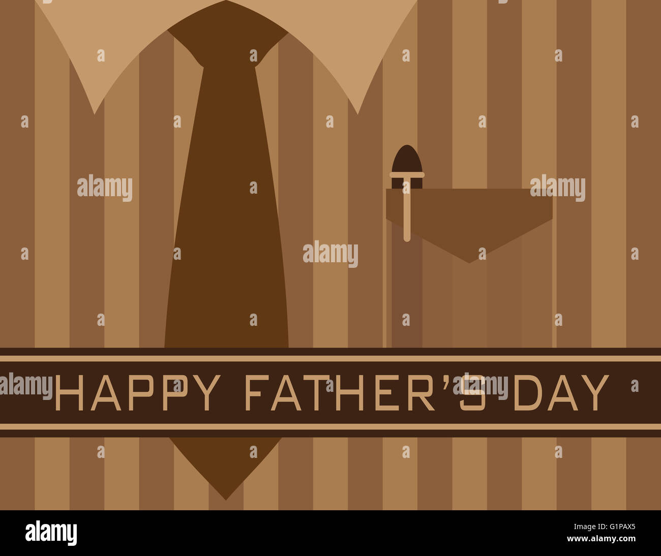 Happy Father's Day Text with Tie Shirt Pocket Pen on Brown Stripes Pattern Background Illustration Stock Photo