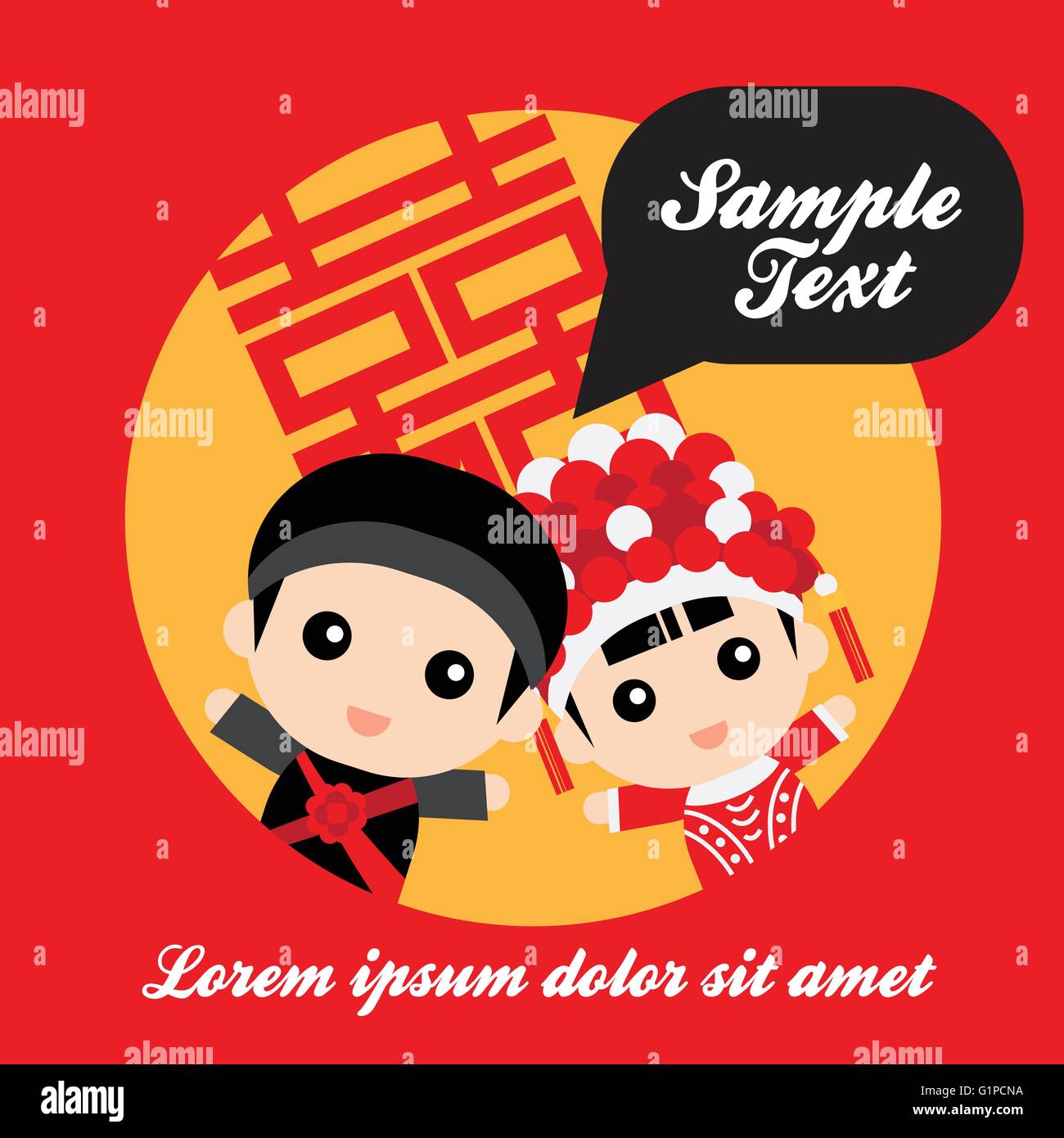 Illustration of cute couple in traditional Chinese wedding costume Stock Vector