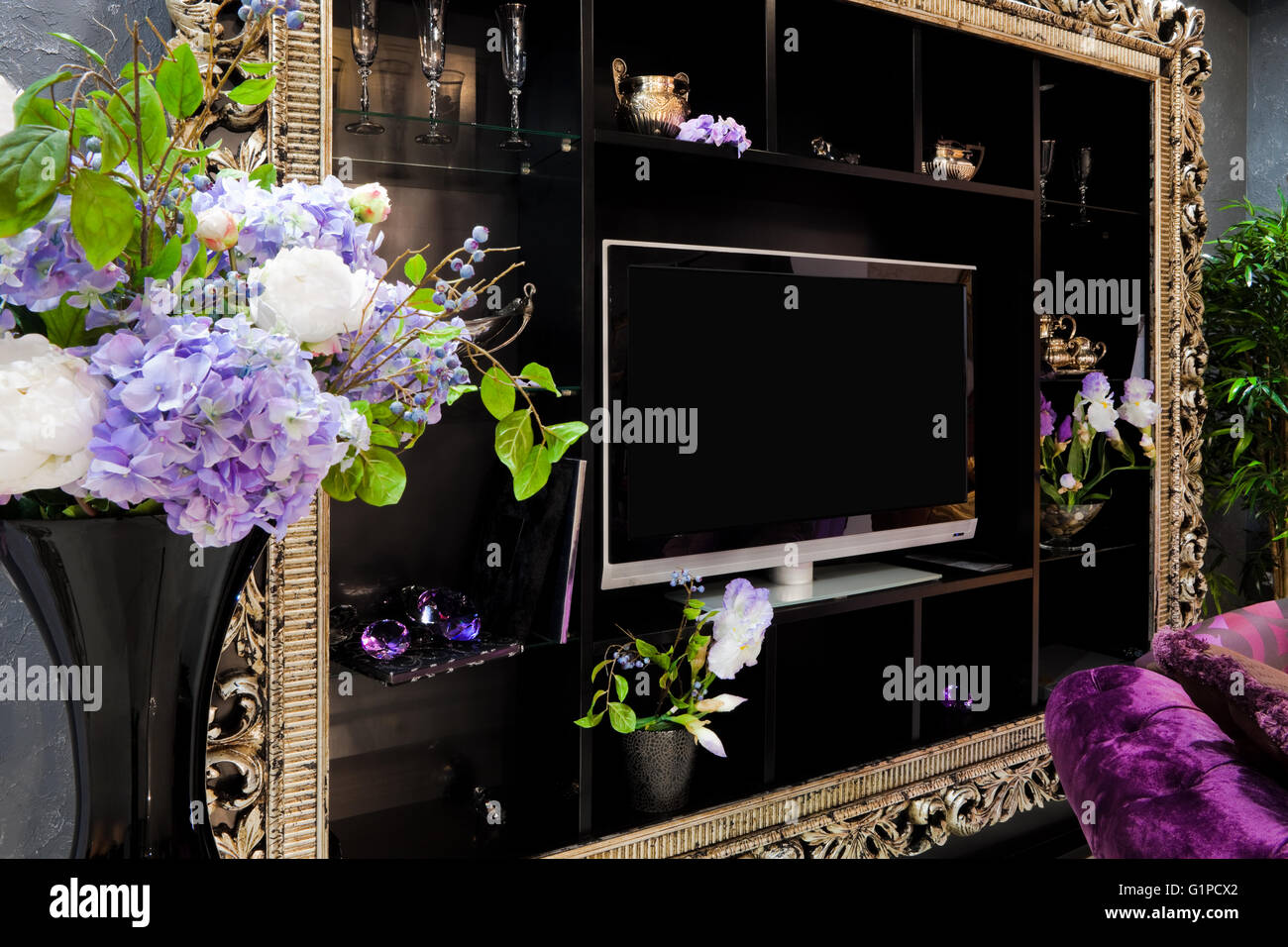 Beautiful black cupboard in a modern apartment Stock Photo Alamy