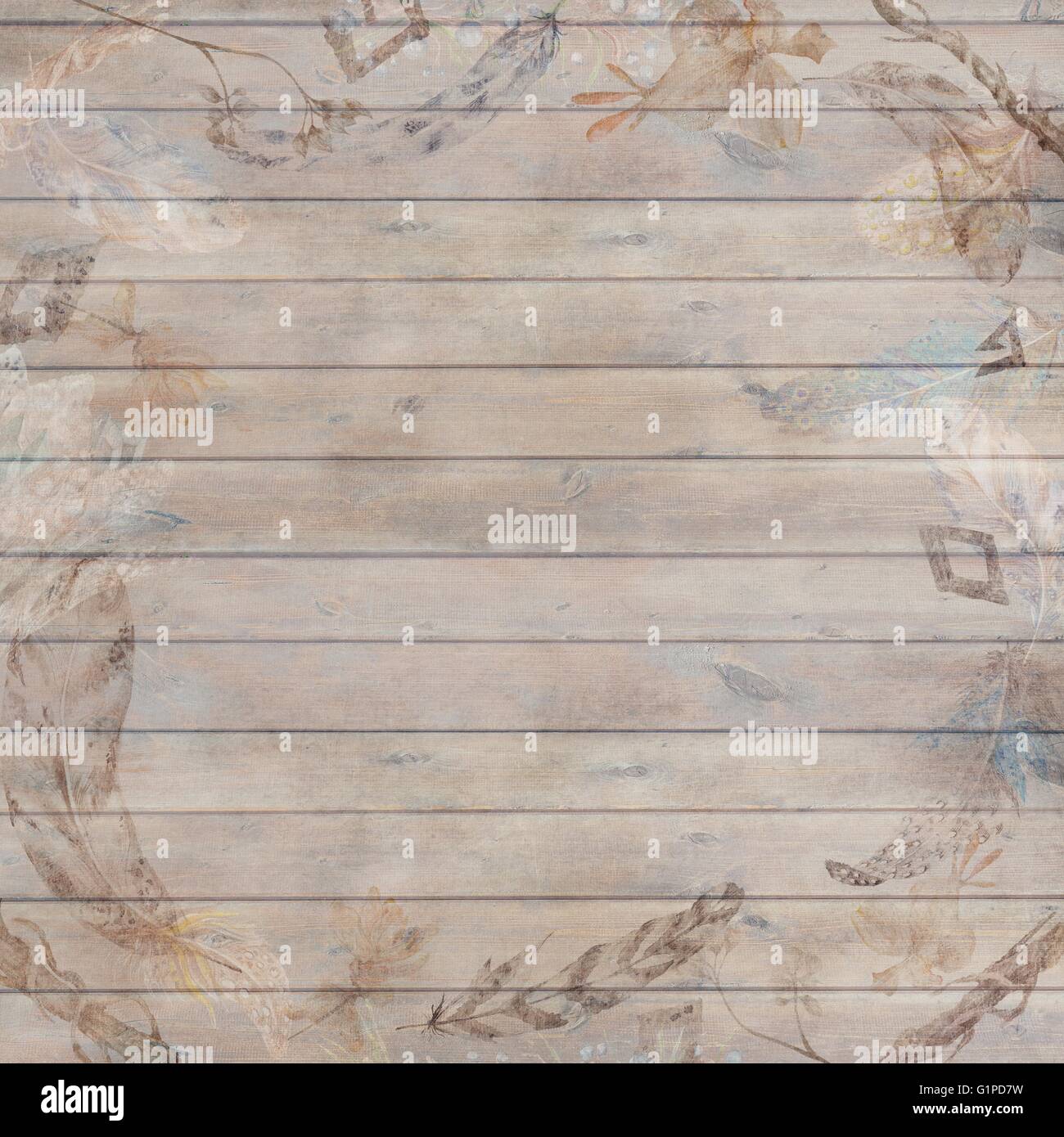 Vintage plank texture with scratched watercolor tribal illustrations of feathers for thanksgiving scrapbooking and design Stock Photo