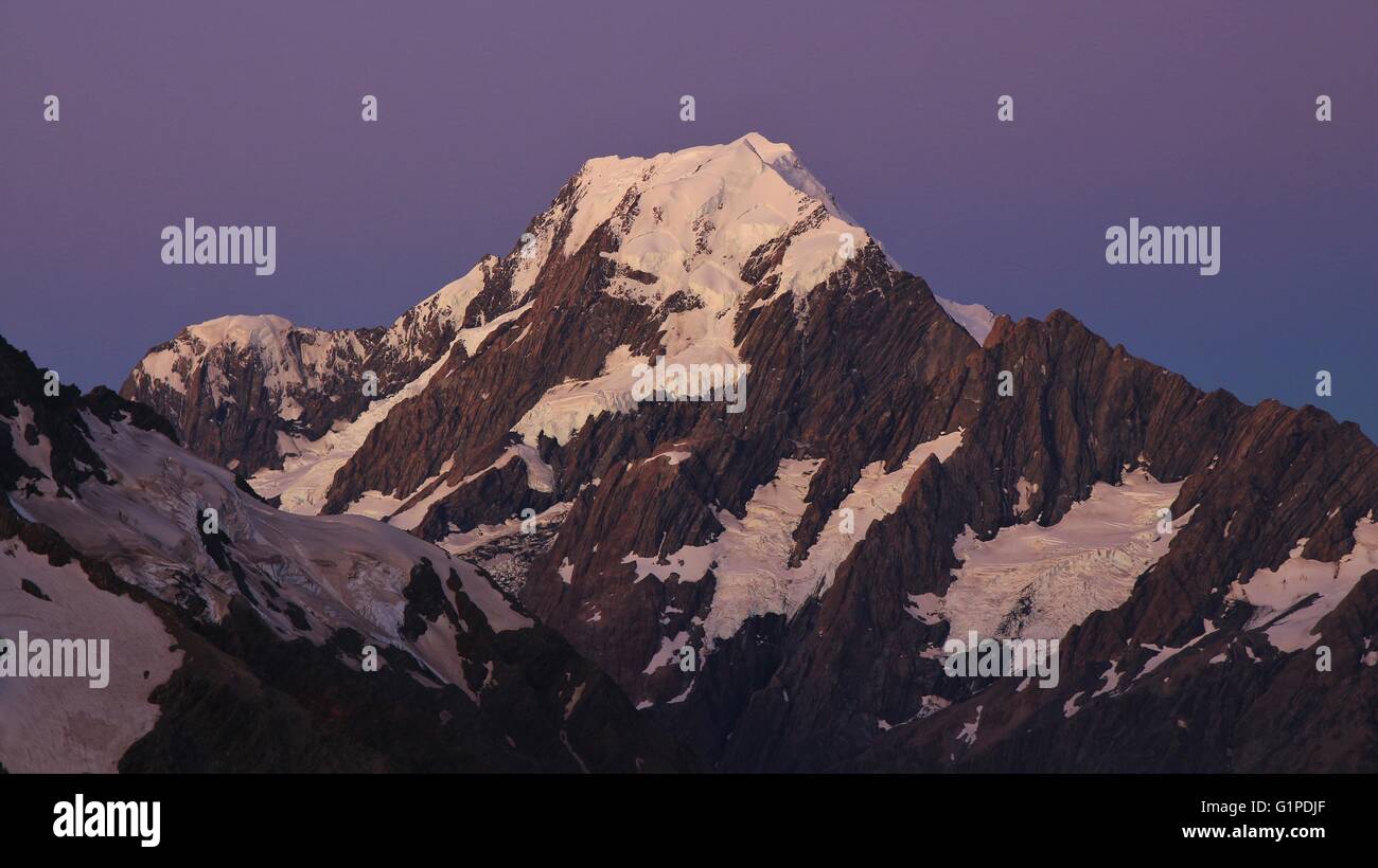 Mount Cook just after sunset. Purple sky. View from a place near Mueller hut. Stock Photo