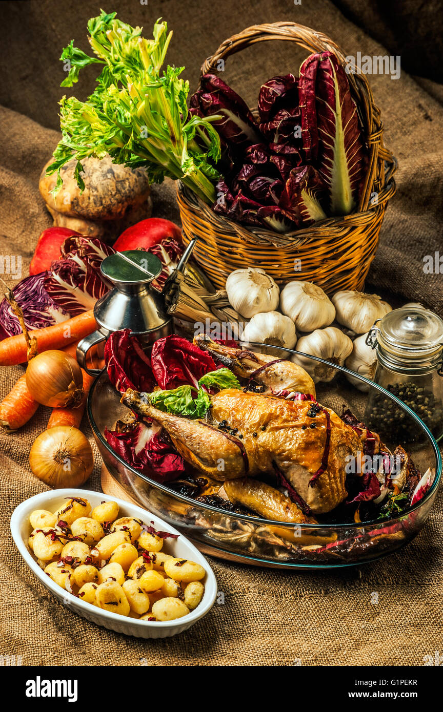 Italian Food - Guinea fowl with chicory, Stock Photo
