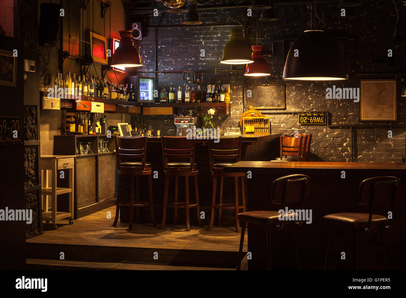 This is interior of modern european pub. Stock Photo