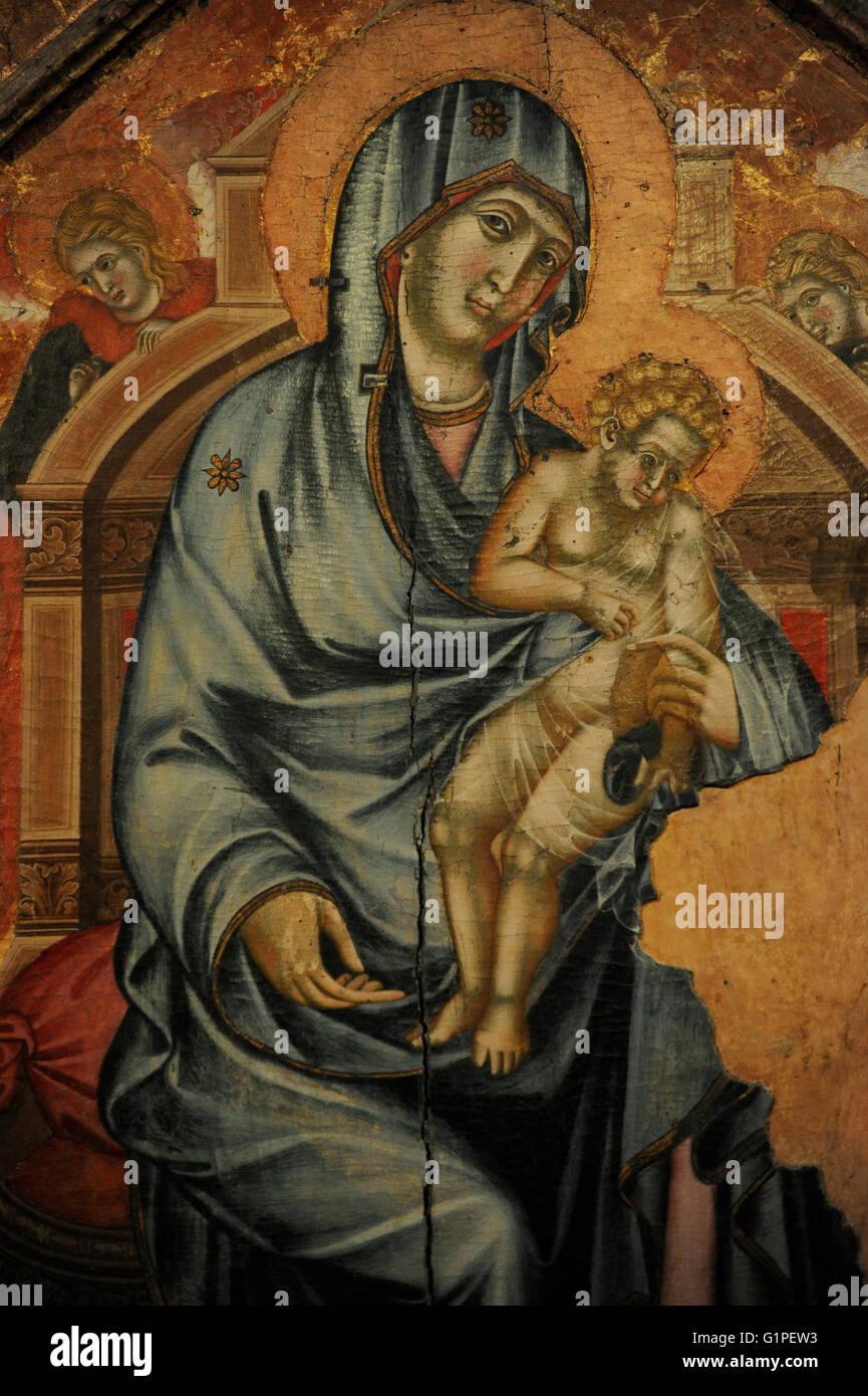 Siena artist of 14th century. Madonna and Child Enthroned  with hagiographical scenes in stamps, 1320-1325. Detail. Tempera on panel. The State Hermitage Museum. Saint Petersburg. Russia. Stock Photo