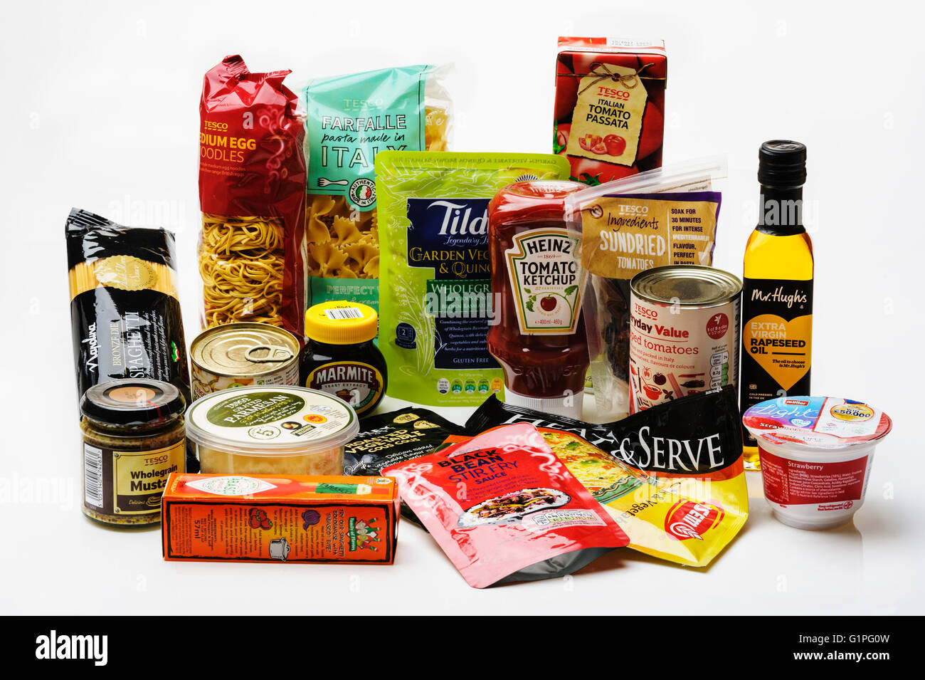 Arrangement of various types of food packaging. Stock Photo
