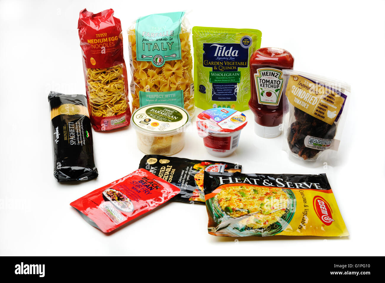 Arrangement of various types of food packaging. Stock Photo