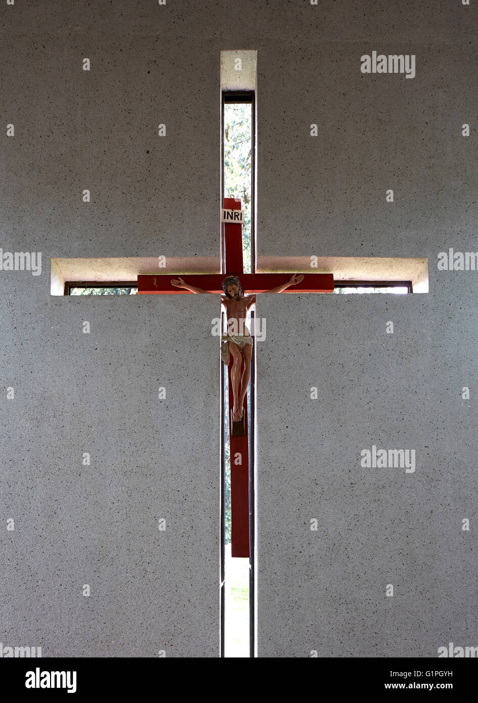 Chapel interior - crucifix. Sacred Heart Cathedral Of The Catholic Diocese Of Kericho, Kericho, Kenya. Architect: John McAslan & Partners, 2016. Stock Photo