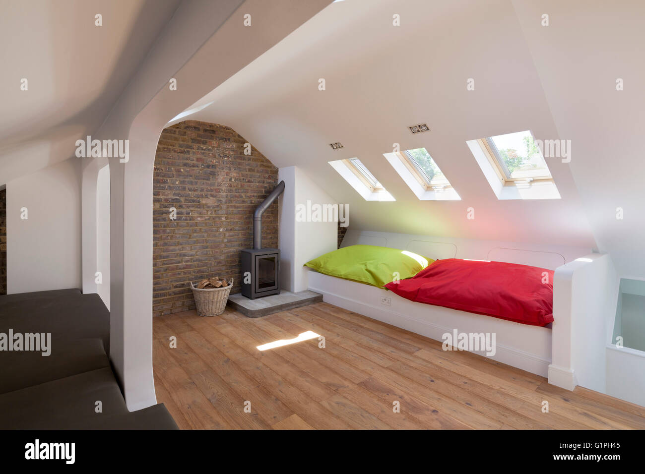 Angled view of loft. Private House, London, United Kingdom. Architect: Scenario Architecture, 2016. Stock Photo