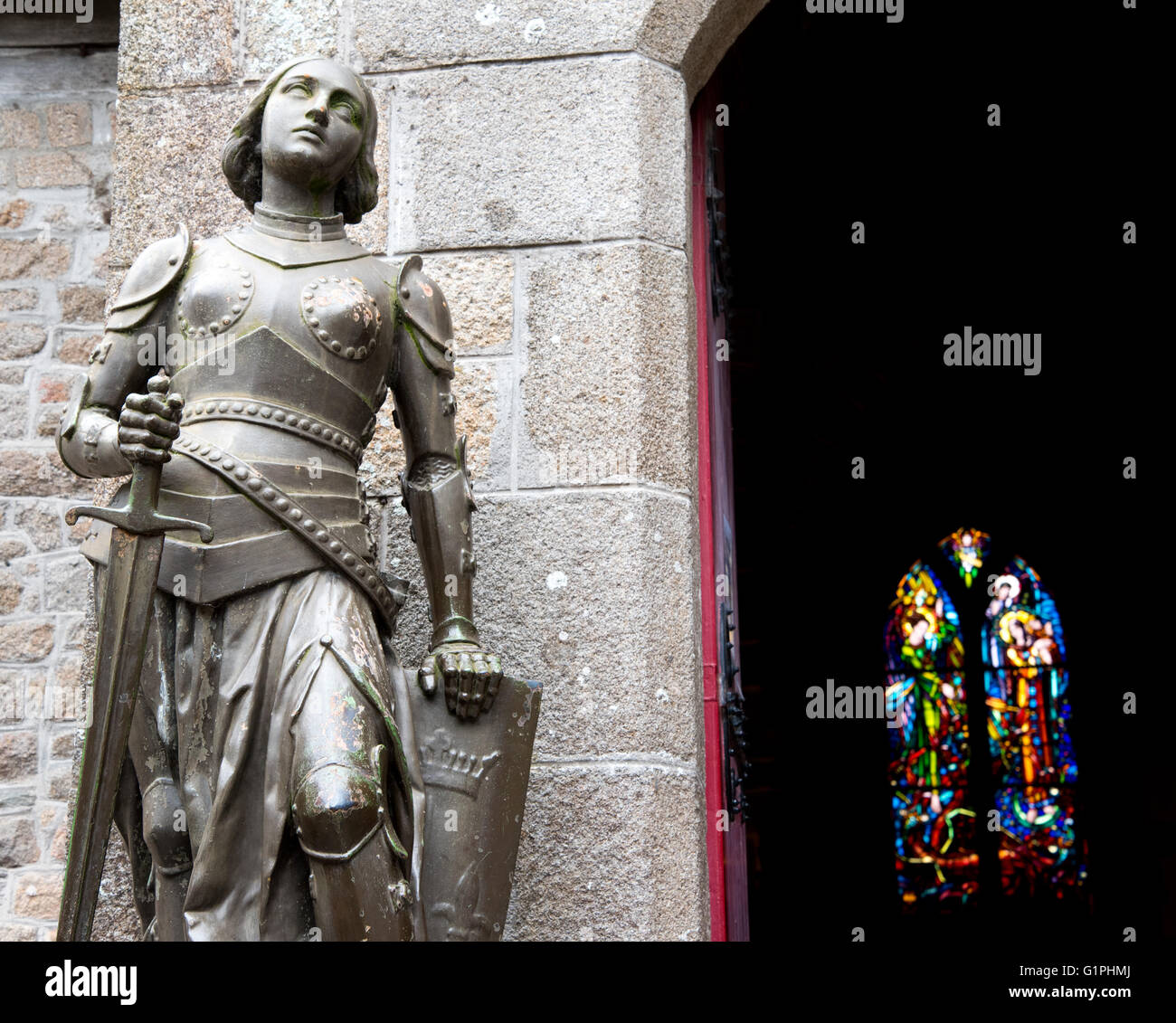 Statue of Joan of Arc outside St. Peter's church, Mont Saint Michel