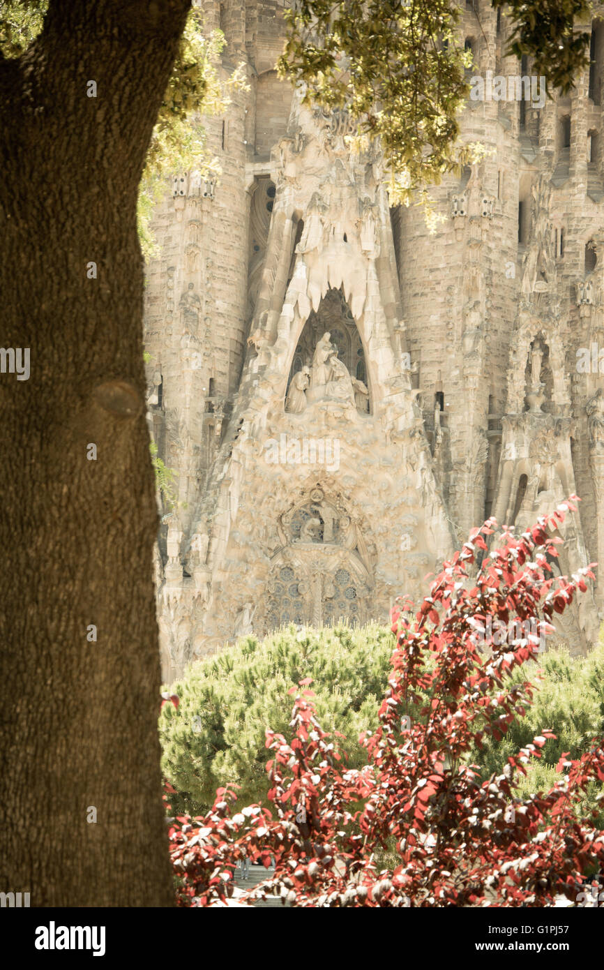 Statues adorn the La Sagrada Família Cathedral in Barcelona, Spain