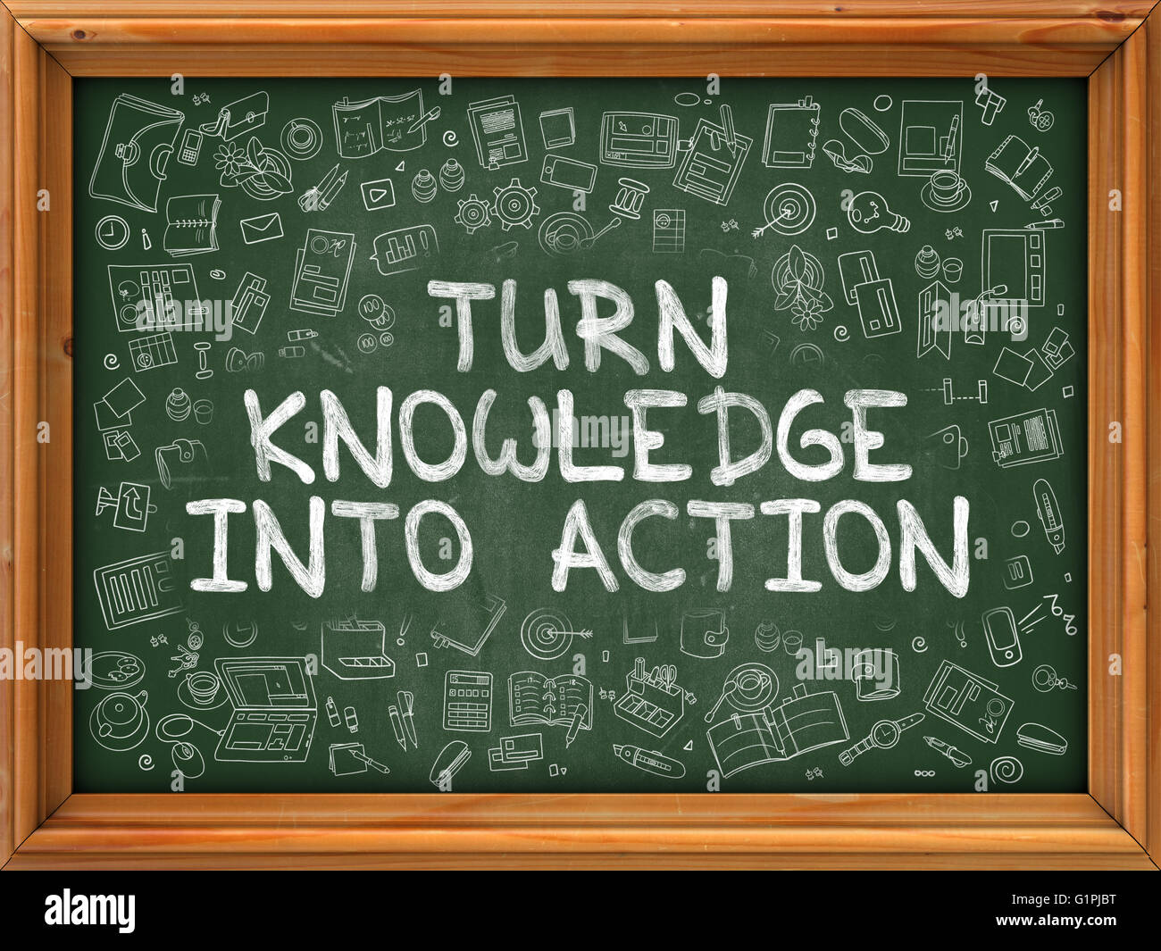 Turn Knowledge into Action - Hand Drawn on Green Chalkboard. Stock Photo
