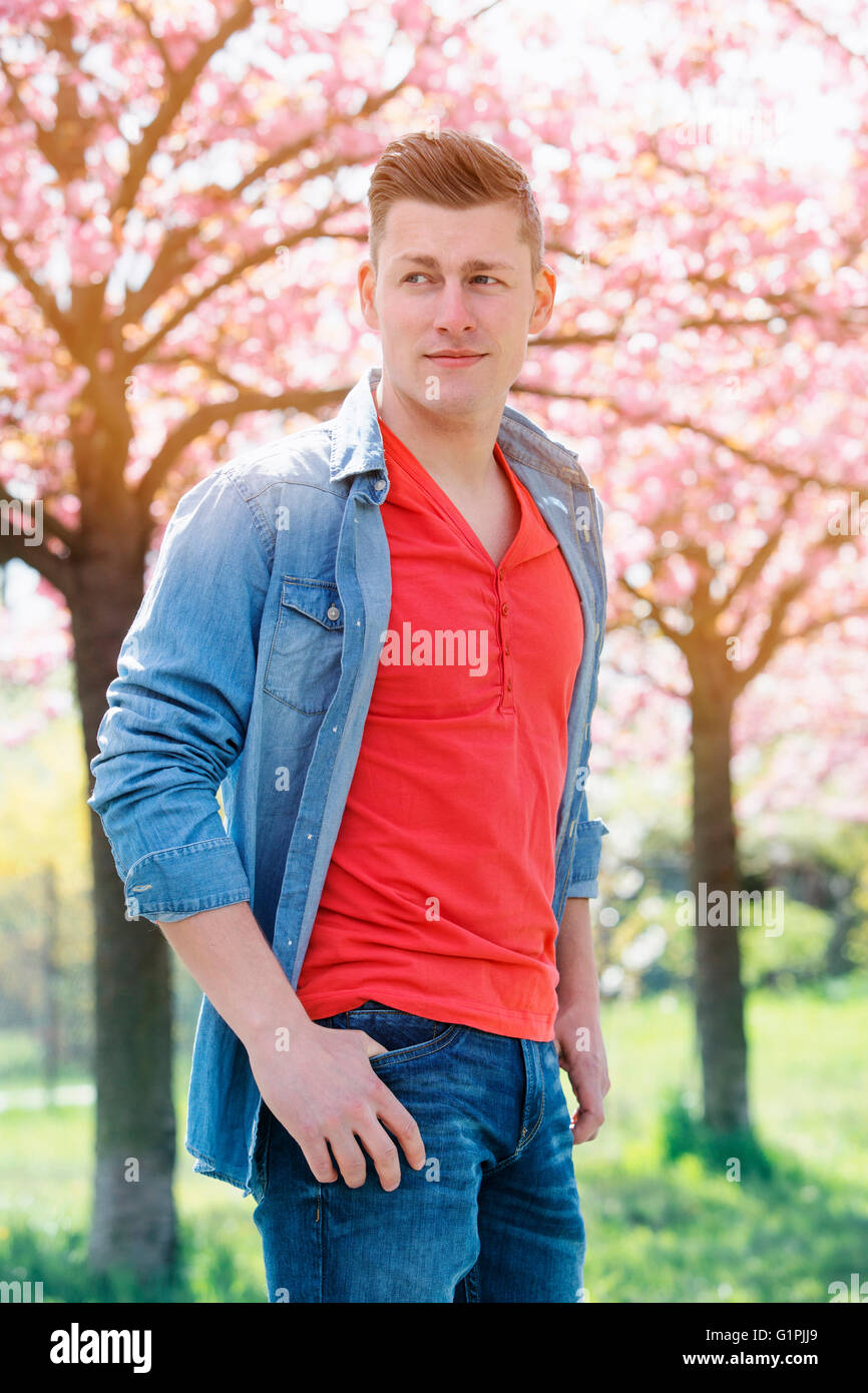 portrait of handsome man in front of cherry blossom Stock Photo
