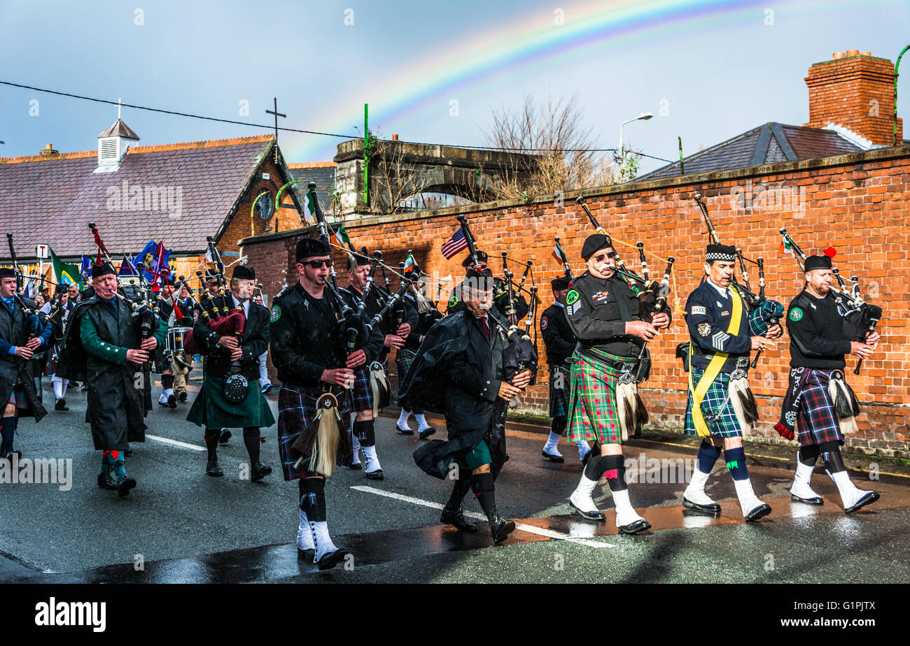 Irish American pipe band marching through Arbour Hill in Dublin for the Easter Rising 1916 Centenary events. Stock Photo