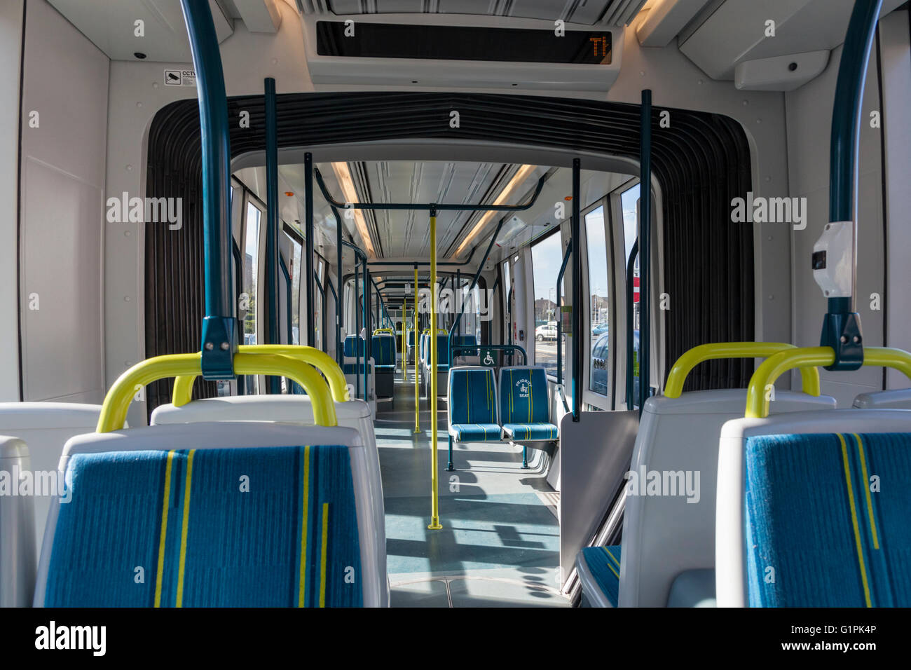 Interior view of an Alstom Citadis Nottingham Express Transit (NET) tram, Nottingham, England, UK Stock Photo