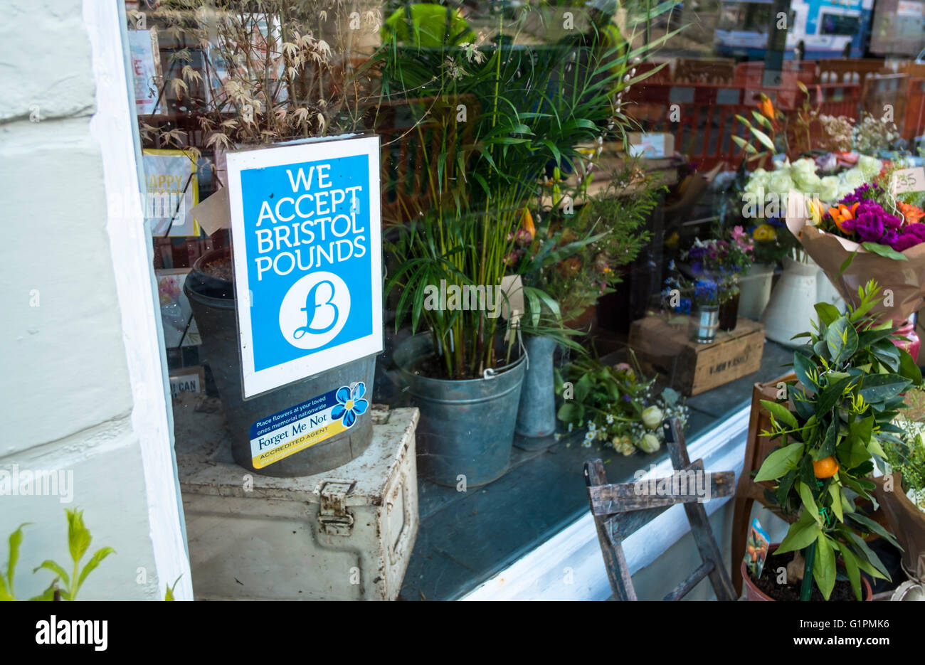 Around Bristol city england UK Florist shop  with we accept bristol pounds sign Stock Photo