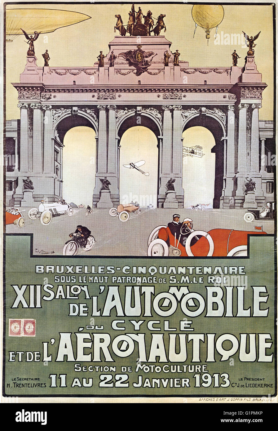AUTO SHOW, 1913.  Belgian poster advertising automobile and air show in Brussels. Lithograph, 1913. Stock Photo
