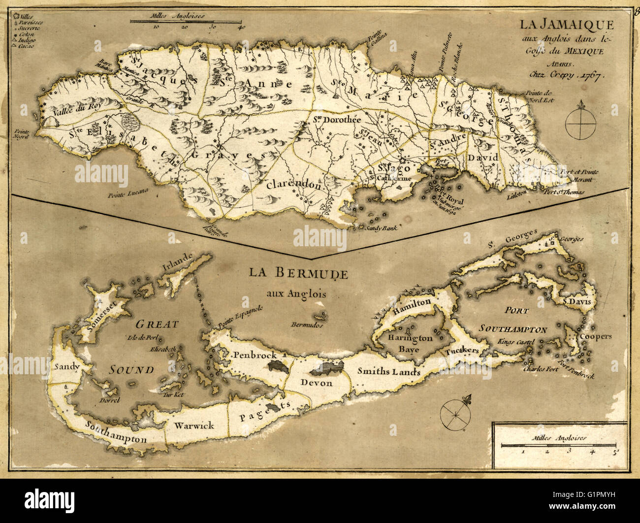 MAP: JAMAICA, 1767. French map of the islands of Jamaica and Bermuda ...