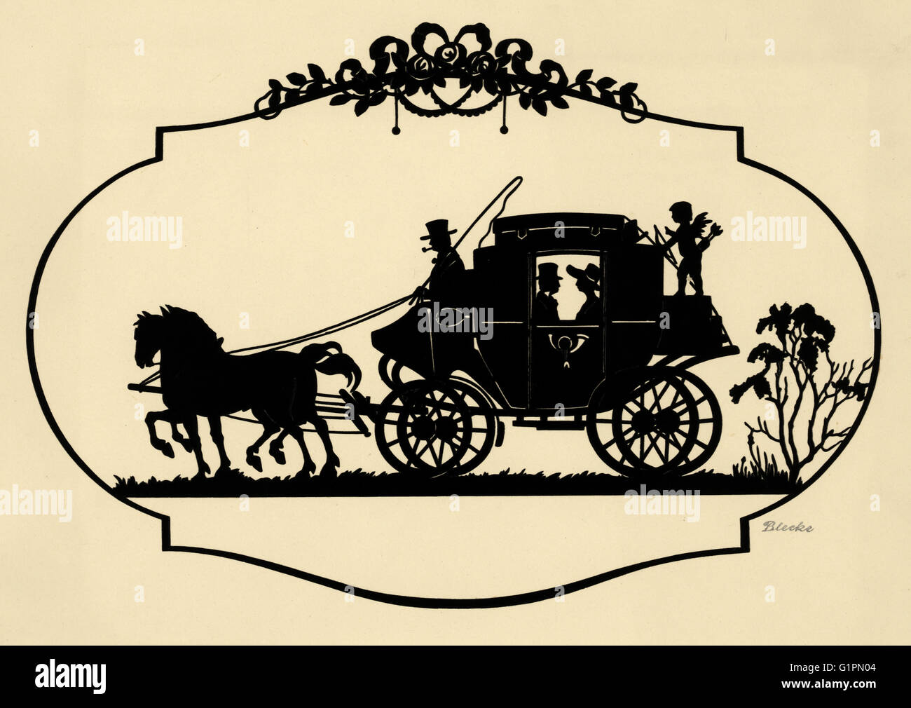 SILHOUETTE, c1900.  Silhouette of a couple in a carriage. Cut paper by Blecke, c1900. Stock Photo