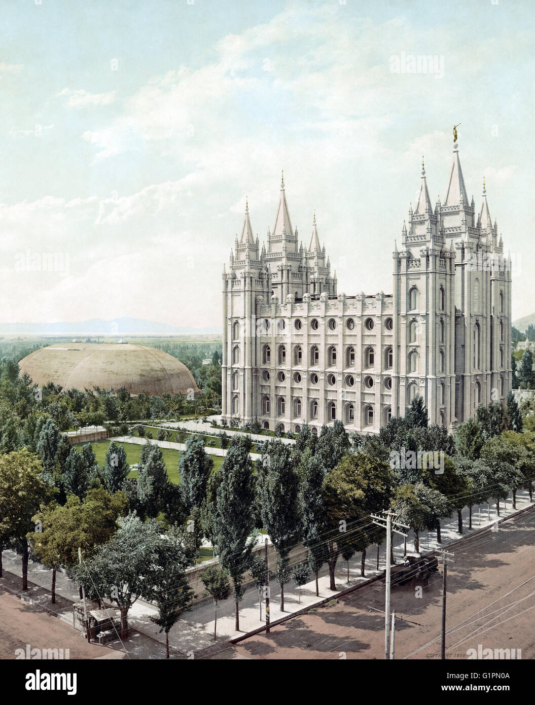SALT LAKE CITY, c1899.   Temple Square in Salt Lake City, Utah. Photochrome from a photograph by William Henry Jackson, c1899. Stock Photo