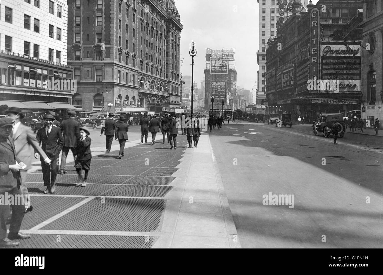 NEW YORK: TIMES SQUARE.  44th Street and Broadway in Times Square in New York City; the Olympia Theatre complex is on the right, including Loew's Theatre and the Criterion movie theatre. Photograph, 1921. Stock Photo