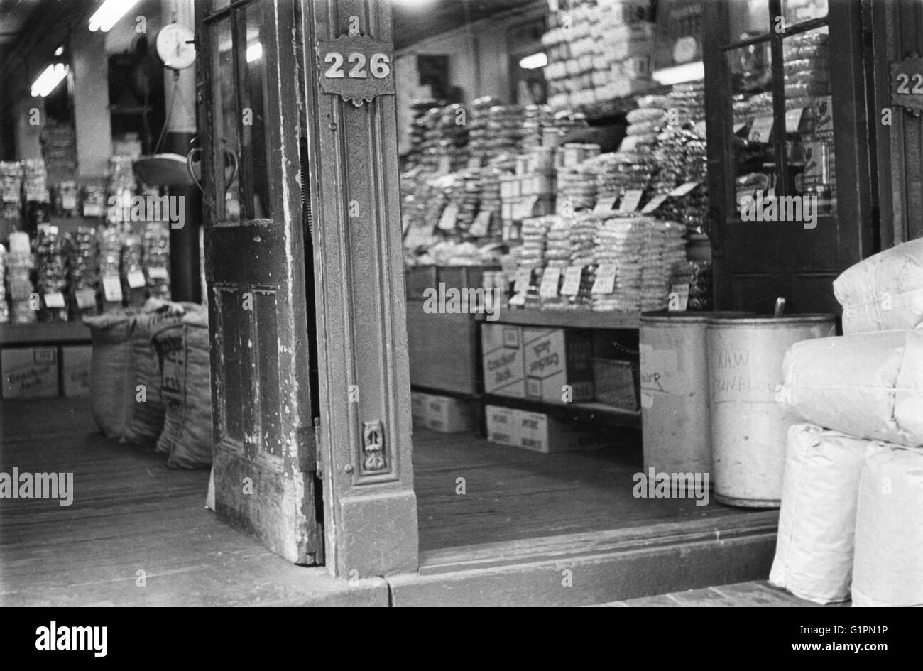WASHINGTON MARKET, c1960.  The doorway of a shop in Washington Market in Manhattan. Photographed in the early 1960s, shortly before being demolished to make way for the World Trade Center. Stock Photo