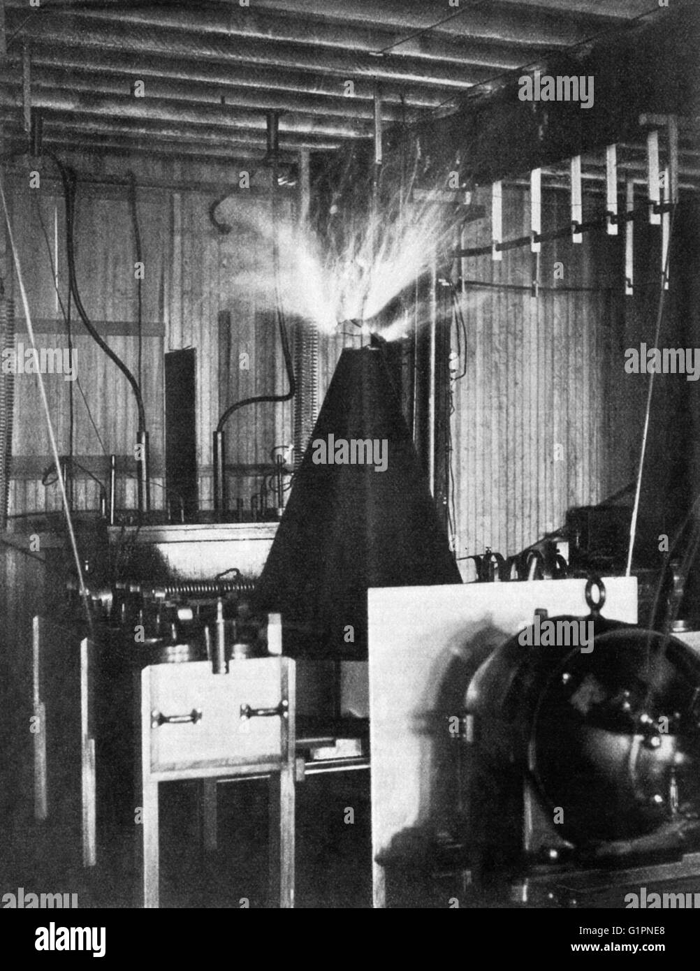TESLA COIL, 1894. The Tesla coil in Nikola Tesla's laboratory in New