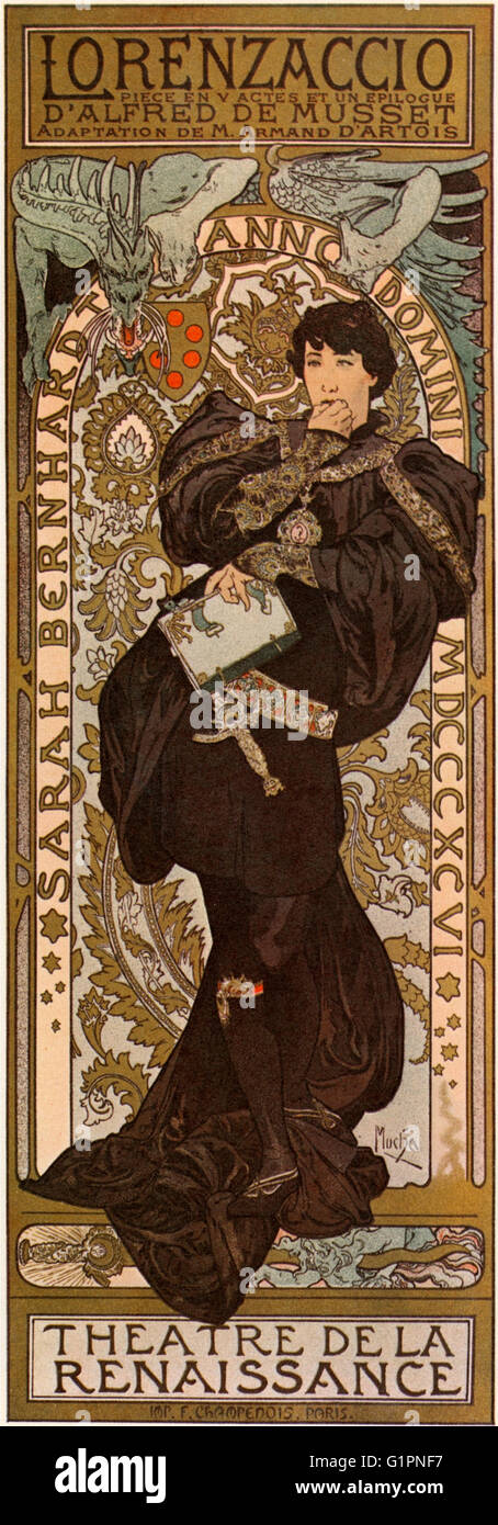 MUCHA: LORENZACCIO, 1896.  Poster for 'Lorenzaccio' by Alfred de Musset, starring Sarah Bernhardt as Lorenzino de' Medici. Lithograph by Alphonse Mucha, 1896. Stock Photo