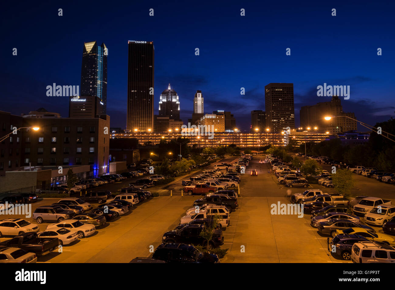 A large parking lot in downtown Oklahoma City viewed at night. Oklahoma
