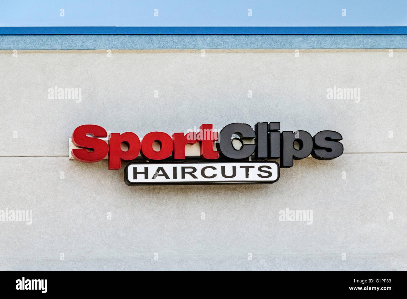 The logo or sign of SportClips barber shop in Oklahoma City, Oklahoma, USA. Stock Photo