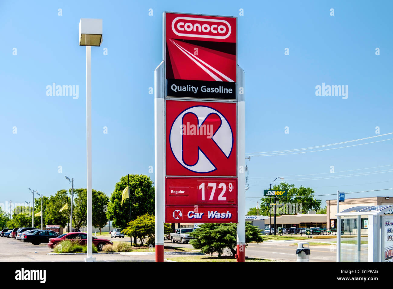 A pole sign advertising Conoco's Circle K gasoline station and convenience store. Stock Photo