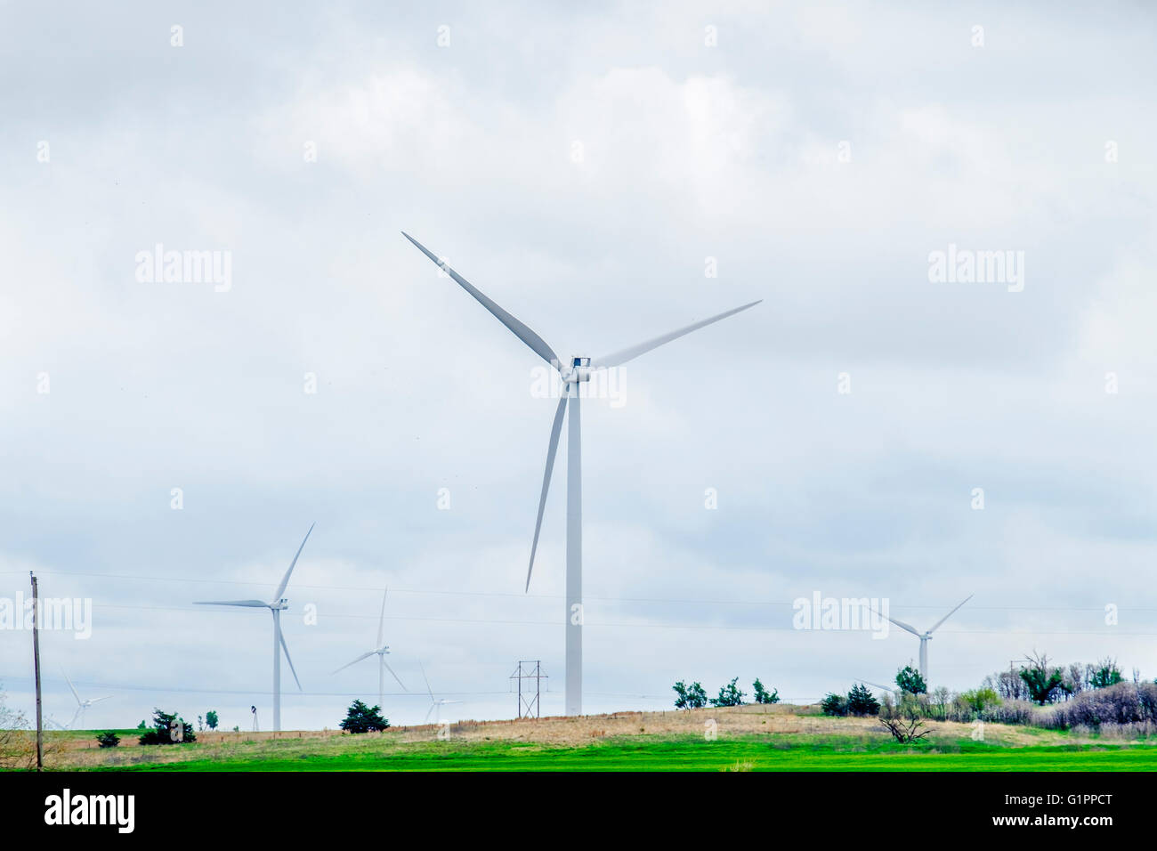 Wind turbines with a green wheat field in foreground in Oklahoma, USA. Stock Photo