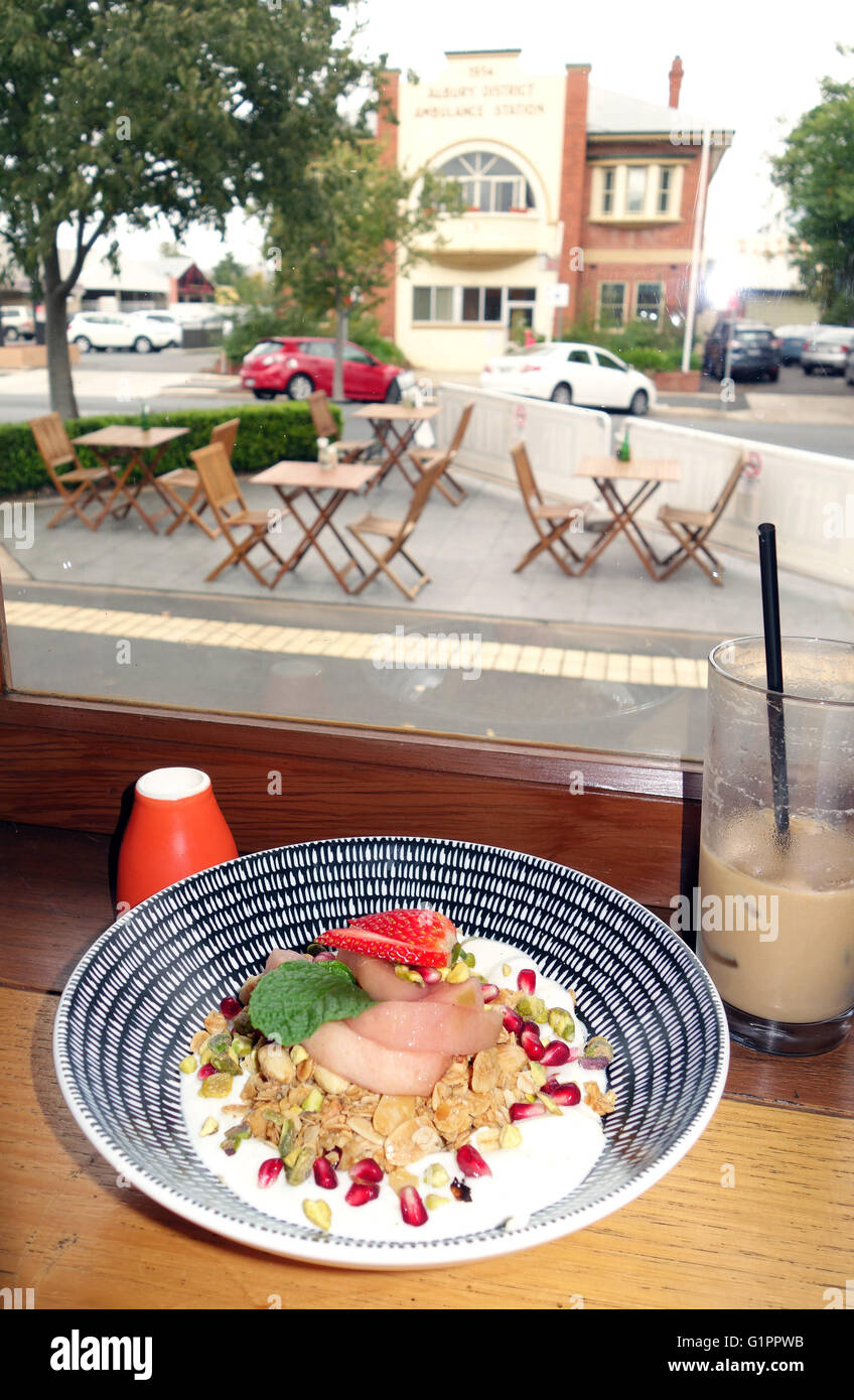 Granola for breakfast at Mr Benedict Cafe, Dean St, Albury, NSW, Australia. No PR Stock Photo