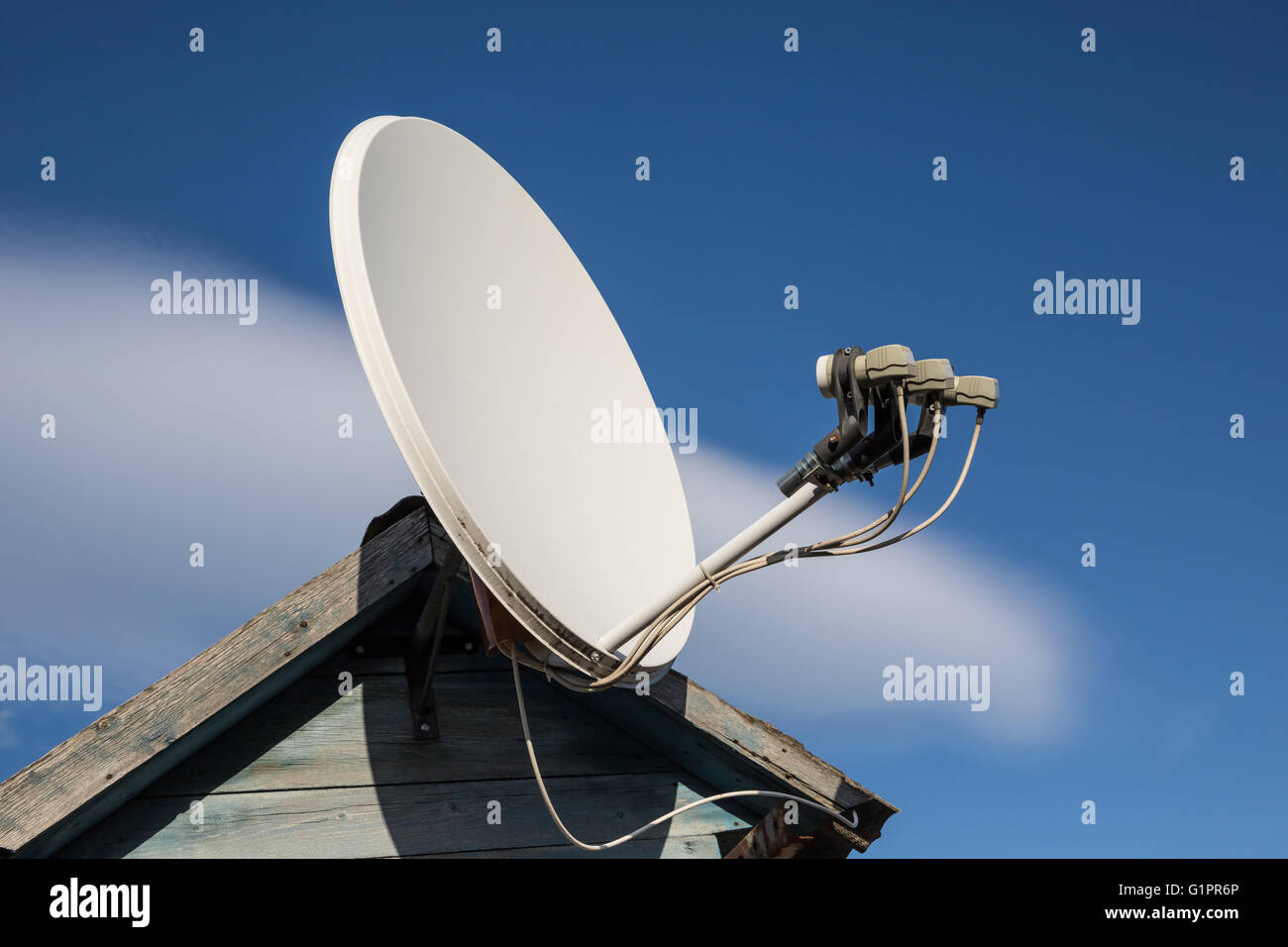 Beautiful white satellite dish antennas under sky Stock Photo