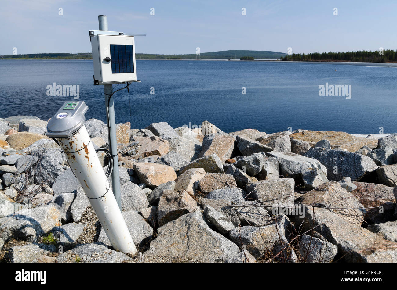 Remote surveillance of movements in a power plant embanking with power from the sun, picture from the North of Sweden. Stock Photo