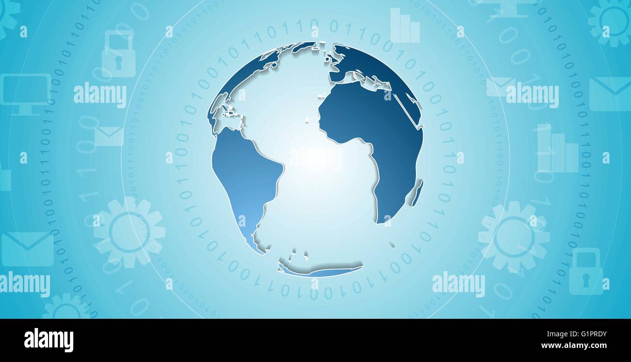 Cyan blue tech abstract background with globe and networking icons ...